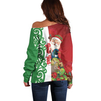 Meri Kirihimete New Zealand Personalised Off Shoulder Sweater Cute Santa NZ Animals and Pohutukawa LT14 - Polynesian Pride