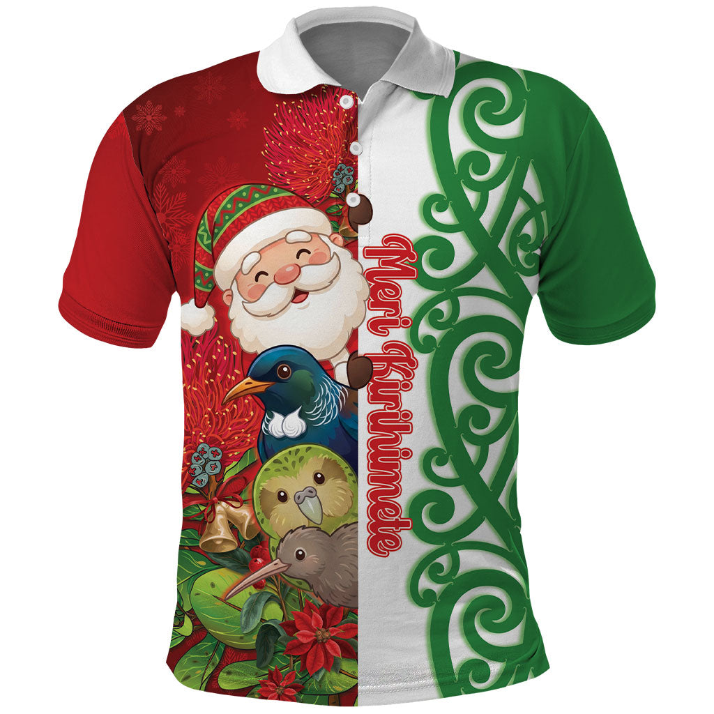 Meri Kirihimete New Zealand Personalised Polo Shirt Cute Santa NZ Animals and Pohutukawa LT14 Red - Polynesian Pride