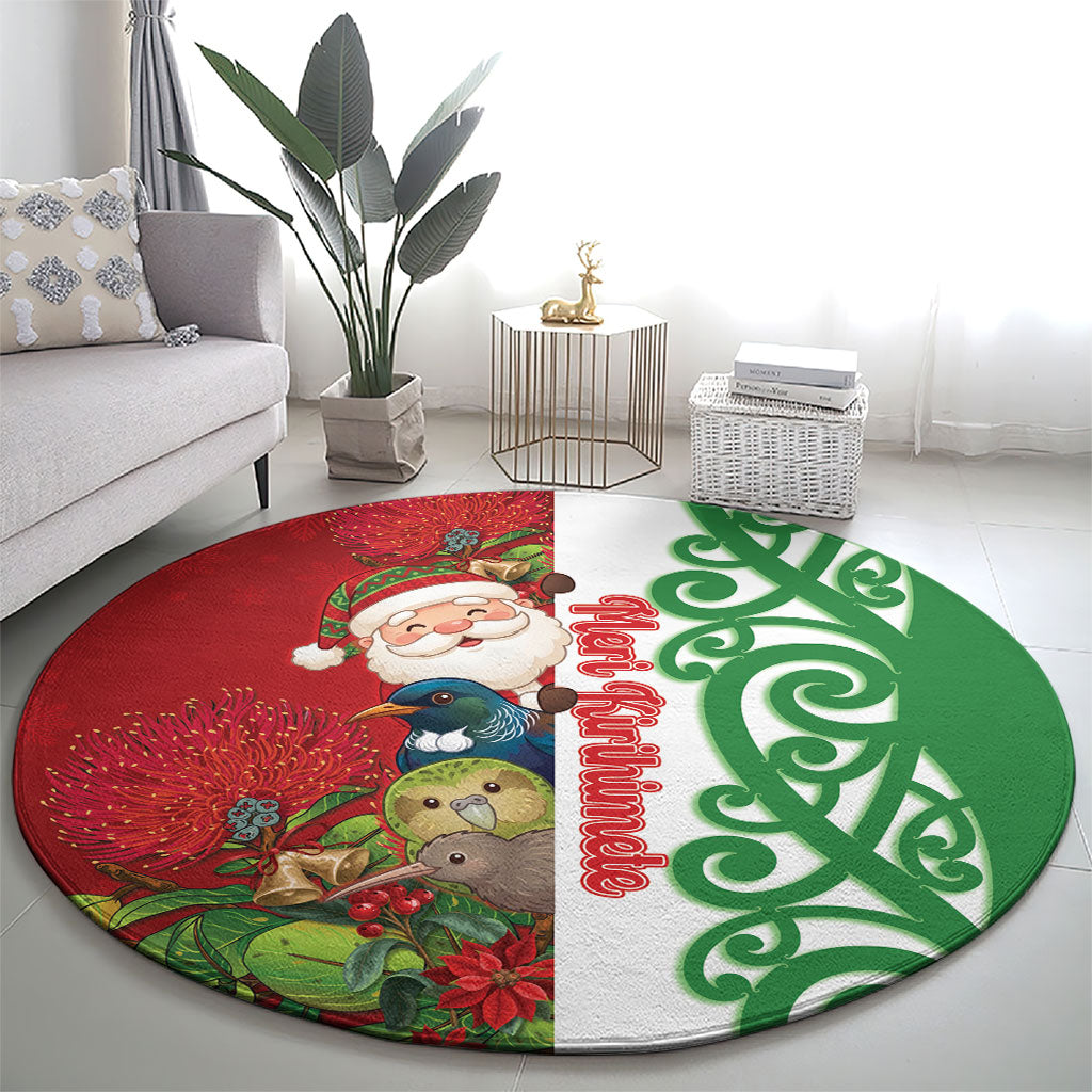 Meri Kirihimete New Zealand Round Carpet Cute Santa NZ Animals and Pohutukawa LT14 - Polynesian Pride