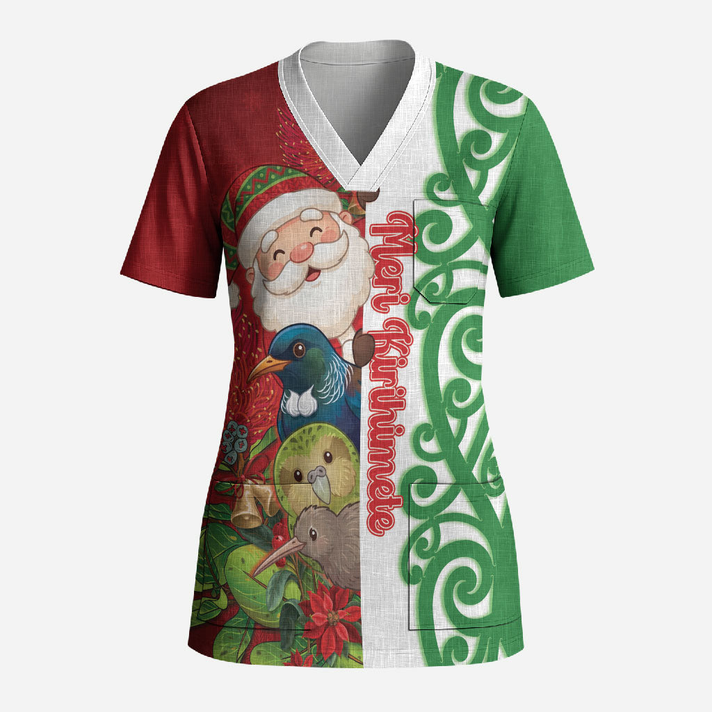 Meri Kirihimete New Zealand Personalised Scrub Top Cute Santa NZ Animals and Pohutukawa LT14 Adult Red - Polynesian Pride