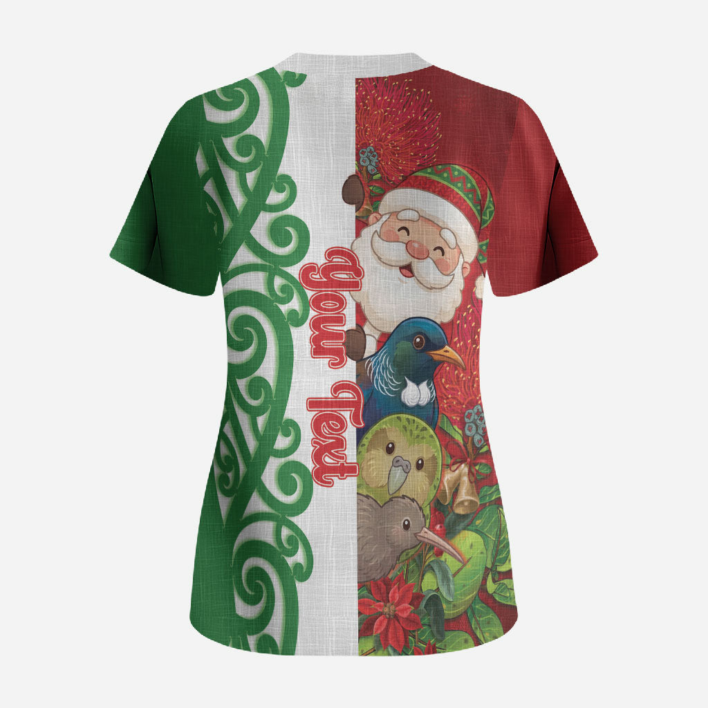 Meri Kirihimete New Zealand Personalised Scrub Top Cute Santa NZ Animals and Pohutukawa LT14 - Polynesian Pride