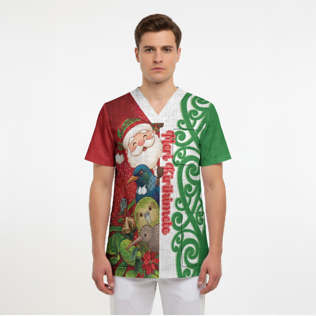 Meri Kirihimete New Zealand Personalised Scrub Top Cute Santa NZ Animals and Pohutukawa LT14 - Polynesian Pride