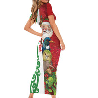 Meri Kirihimete New Zealand Personalised Short Sleeve Bodycon Dress Cute Santa NZ Animals and Pohutukawa LT14 - Polynesian Pride