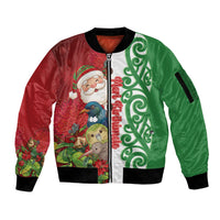Meri Kirihimete New Zealand Personalised Sleeve Zip Bomber Jacket Cute Santa NZ Animals and Pohutukawa LT14 Unisex Red - Polynesian Pride