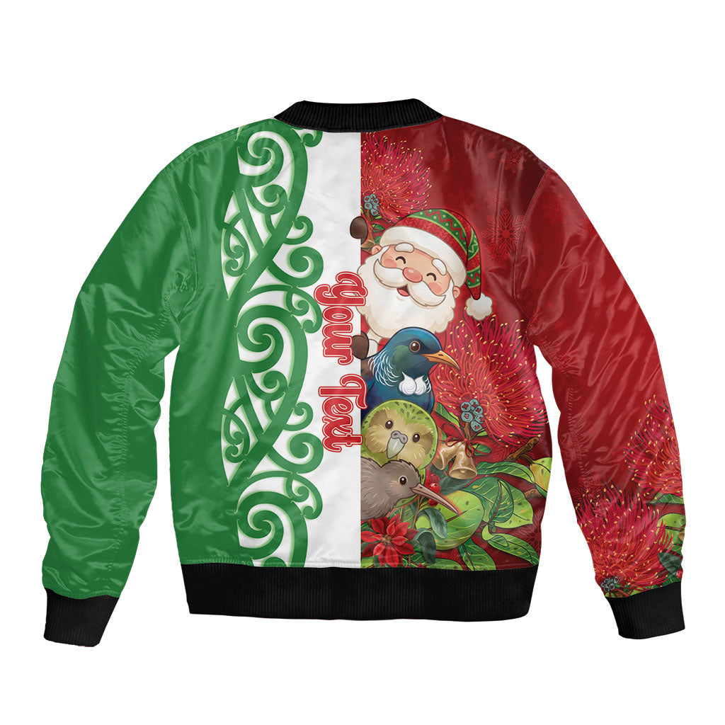 Meri Kirihimete New Zealand Personalised Sleeve Zip Bomber Jacket Cute Santa NZ Animals and Pohutukawa LT14 - Polynesian Pride