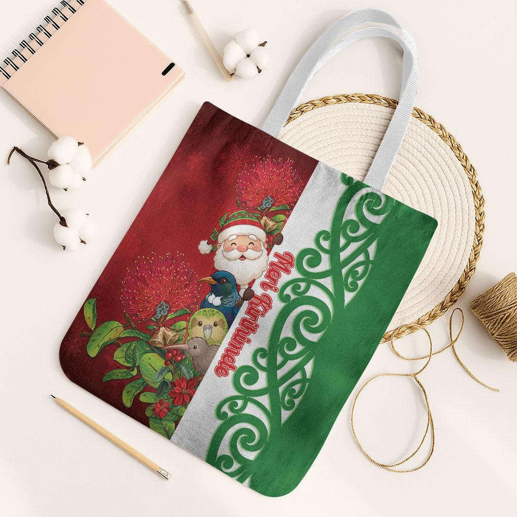 Meri Kirihimete New Zealand Tote Bag Cute Santa NZ Animals and Pohutukawa LT14 White Strap One Size Red - Polynesian Pride