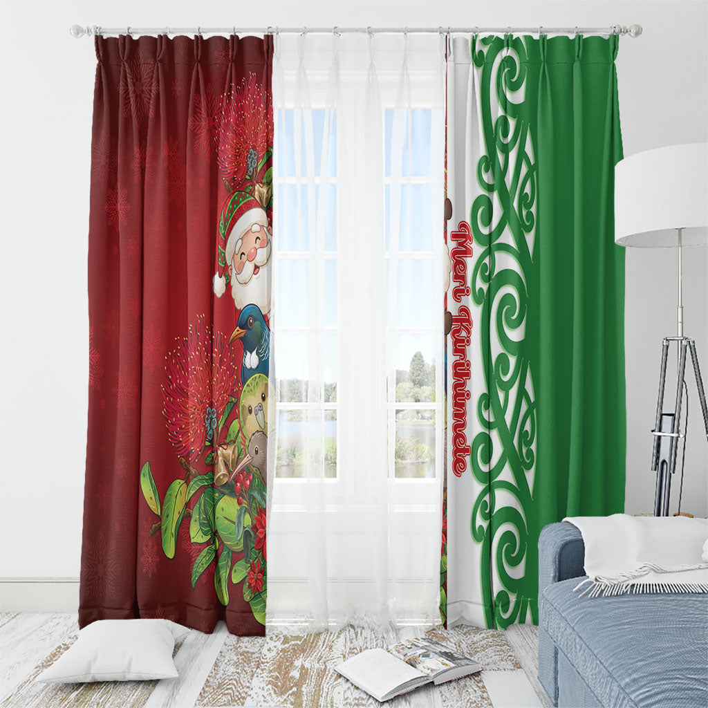 Meri Kirihimete New Zealand Window Curtain Cute Santa NZ Animals and Pohutukawa LT14 - Polynesian Pride