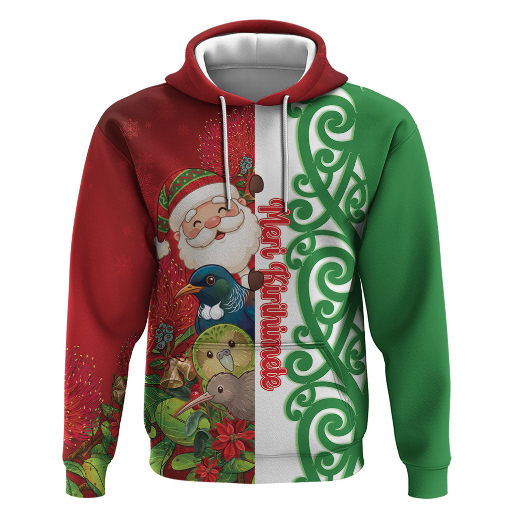 Meri Kirihimete New Zealand Personalised Zip Hoodie Cute Santa NZ Animals and Pohutukawa LT14 Pullover Hoodie Red - Polynesian Pride
