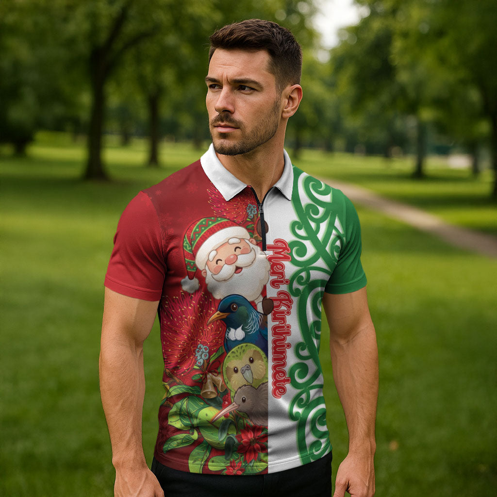 Meri Kirihimete New Zealand Personalised Zipper Polo Shirt Cute Santa NZ Animals and Pohutukawa LT14 - Polynesian Pride
