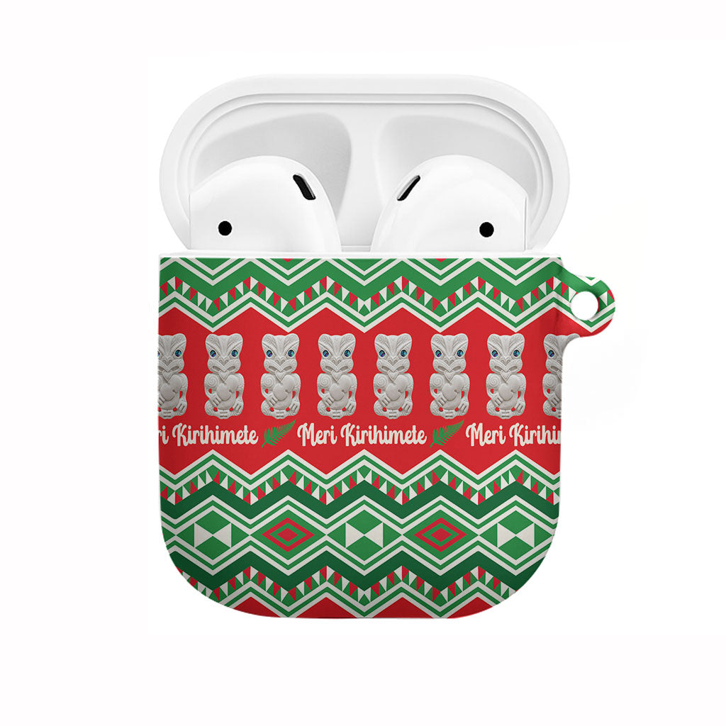 New Zealand Christmas In July AirPods Case Meri Kirihimete Hei Tiki Taniko Motifs Seamless LT14 Red - Polynesian Pride