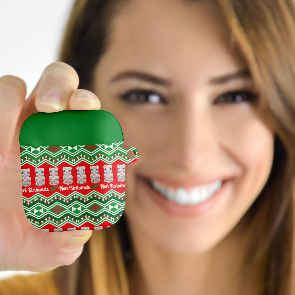 New Zealand Christmas In July AirPods Case Meri Kirihimete Hei Tiki Taniko Motifs Seamless LT14 - Polynesian Pride