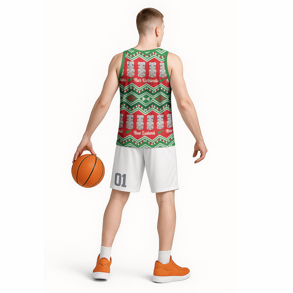 New Zealand Christmas In July Basketball Jersey Meri Kirihimete Hei Tiki Taniko Motifs Seamless LT14 - Polynesian Pride