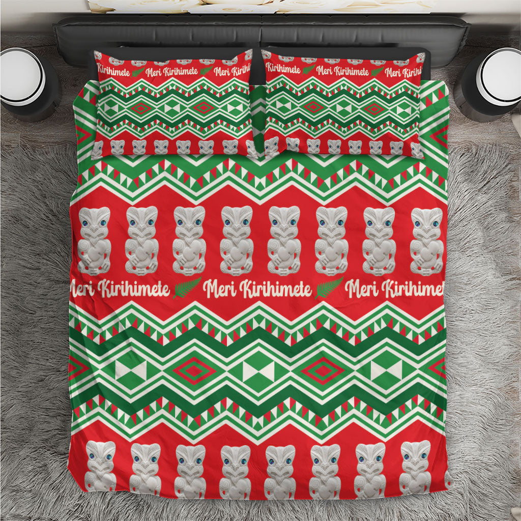 New Zealand Christmas In July Bedding Set Meri Kirihimete Hei Tiki Taniko Motifs Seamless LT14 Red - Polynesian Pride