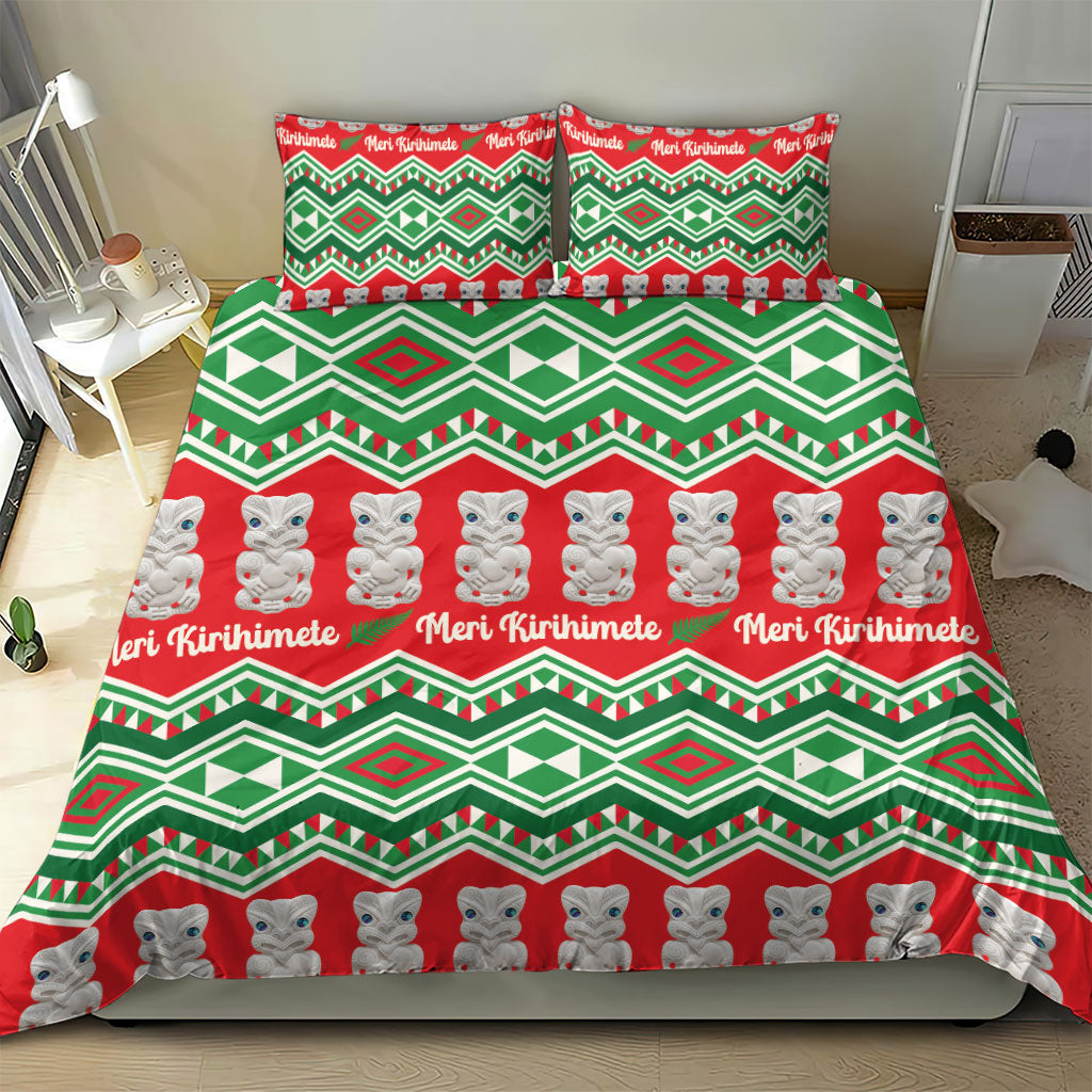 New Zealand Christmas In July Bedding Set Meri Kirihimete Hei Tiki Taniko Motifs Seamless LT14 - Polynesian Pride