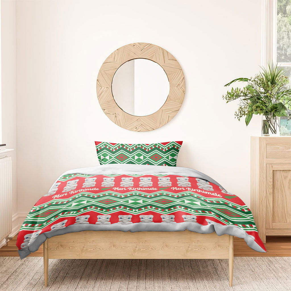 New Zealand Christmas In July Bedding Set Meri Kirihimete Hei Tiki Taniko Motifs Seamless LT14 - Polynesian Pride