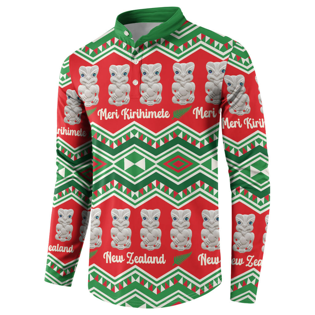 New Zealand Christmas In July Button Sweatshirt Meri Kirihimete Hei Tiki Taniko Motifs Seamless LT14 - Polynesian Pride