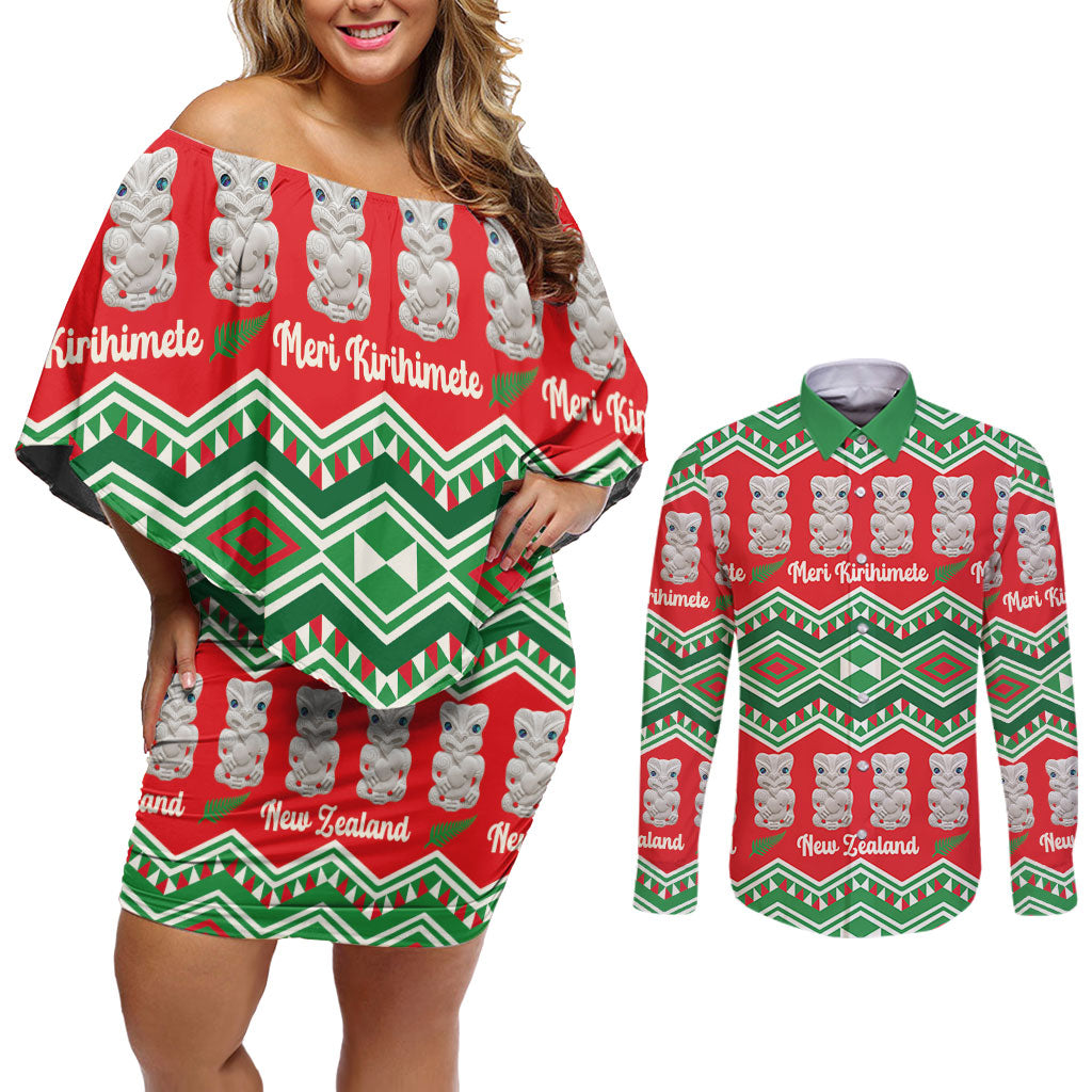 New Zealand Christmas In July Couples Matching Off Shoulder Short Dress and Long Sleeve Button Shirt Meri Kirihimete Hei Tiki Taniko Motifs Seamless LT14 Red - Polynesian Pride