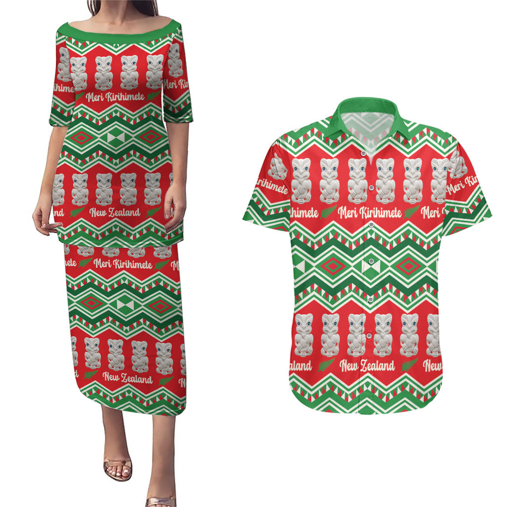 New Zealand Christmas In July Couples Matching Puletasi and Hawaiian Shirt Meri Kirihimete Hei Tiki Taniko Motifs Seamless LT14 Red - Polynesian Pride