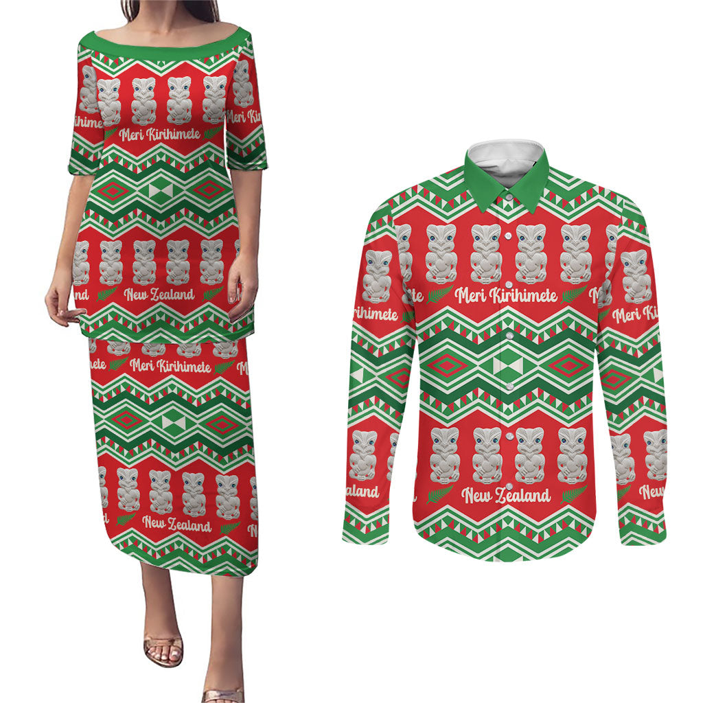 New Zealand Christmas In July Couples Matching Puletasi and Long Sleeve Button Shirt Meri Kirihimete Hei Tiki Taniko Motifs Seamless LT14 Red - Polynesian Pride