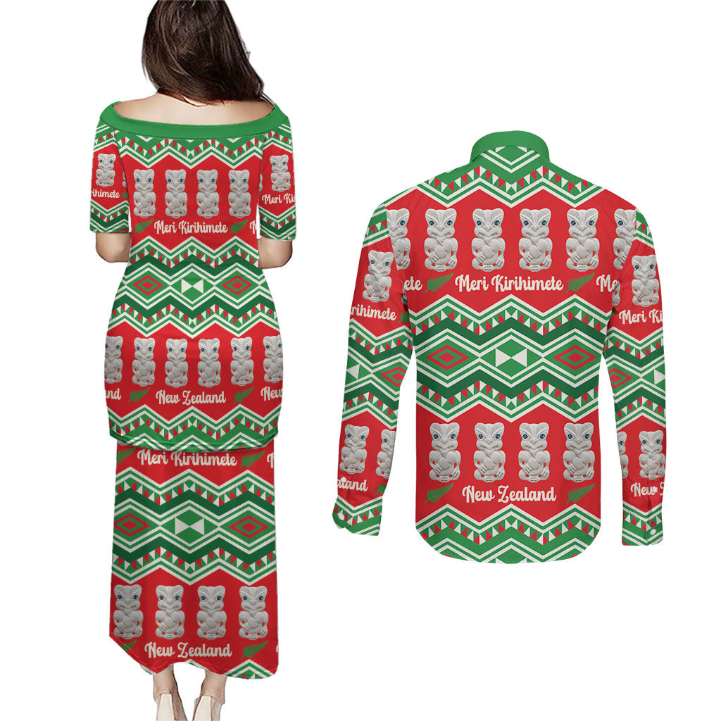 New Zealand Christmas In July Couples Matching Puletasi and Long Sleeve Button Shirt Meri Kirihimete Hei Tiki Taniko Motifs Seamless LT14 - Polynesian Pride
