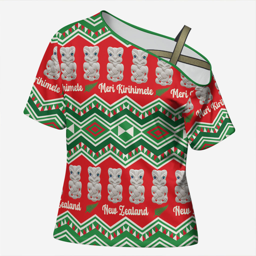 New Zealand Christmas In July Cross Shoulder Shirt Meri Kirihimete Hei Tiki Taniko Motifs Seamless LT14 Female Red - Polynesian Pride