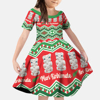 New Zealand Christmas In July Family Matching Long Sleeve Bodycon Dress and Hawaiian Shirt Meri Kirihimete Hei Tiki Taniko Motifs Seamless LT14 Daughter's Dress Red - Polynesian Pride