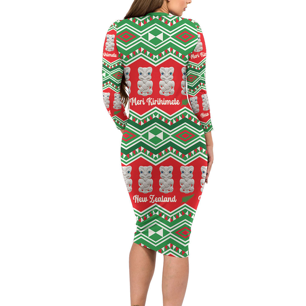 New Zealand Christmas In July Family Matching Long Sleeve Bodycon Dress and Hawaiian Shirt Meri Kirihimete Hei Tiki Taniko Motifs Seamless LT14 - Polynesian Pride