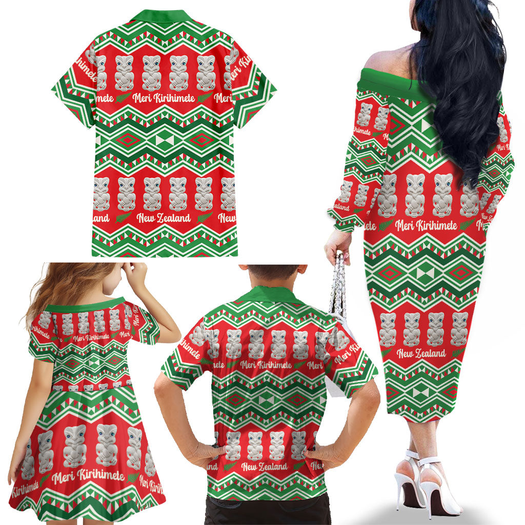 New Zealand Christmas In July Family Matching Off The Shoulder Long Sleeve Dress and Hawaiian Shirt Meri Kirihimete Hei Tiki Taniko Motifs Seamless LT14 - Polynesian Pride