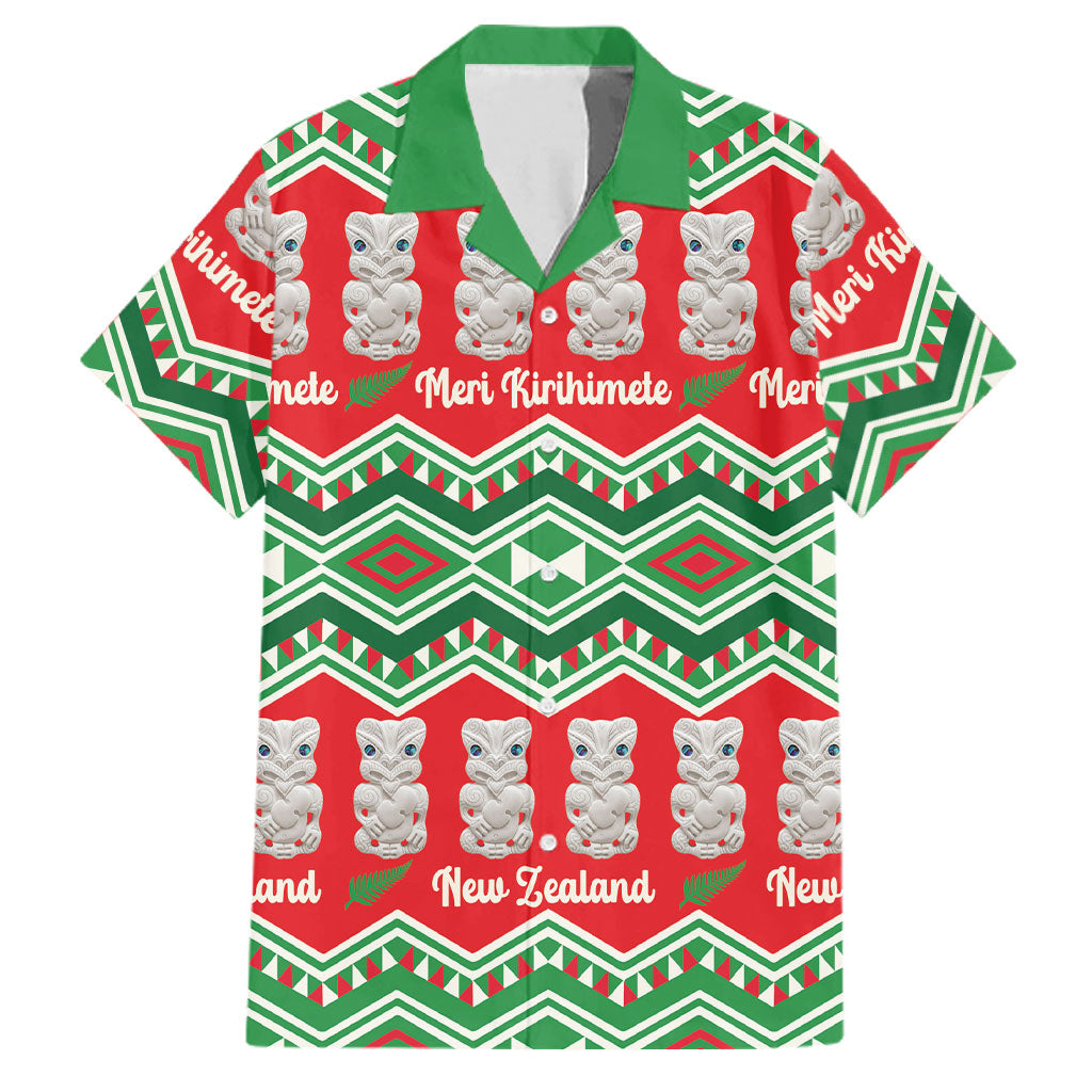 New Zealand Christmas In July Family Matching Off Shoulder Short Dress and Hawaiian Shirt Meri Kirihimete Hei Tiki Taniko Motifs Seamless LT14 Dad's Shirt - Short Sleeve Red - Polynesian Pride