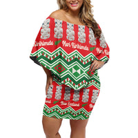 New Zealand Christmas In July Family Matching Off Shoulder Short Dress and Hawaiian Shirt Meri Kirihimete Hei Tiki Taniko Motifs Seamless LT14 Mom's Dress Red - Polynesian Pride