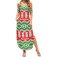 New Zealand Christmas In July Family Matching Summer Maxi Dress and Hawaiian Shirt Meri Kirihimete Hei Tiki Taniko Motifs Seamless LT14 Mom's Dress Red - Polynesian Pride
