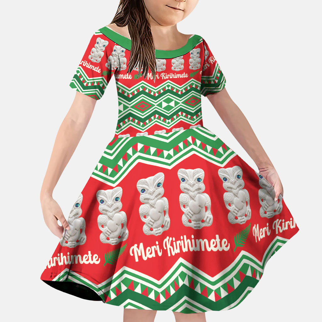 New Zealand Christmas In July Family Matching Tank Maxi Dress and Hawaiian Shirt Meri Kirihimete Hei Tiki Taniko Motifs Seamless LT14 Daughter's Dress Red - Polynesian Pride