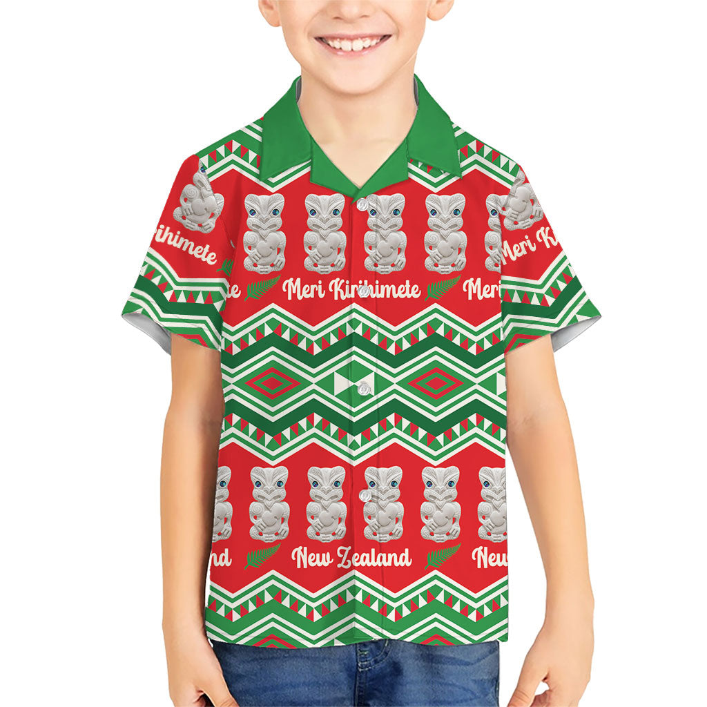 New Zealand Christmas In July Family Matching Tank Maxi Dress and Hawaiian Shirt Meri Kirihimete Hei Tiki Taniko Motifs Seamless LT14 Son's Shirt Red - Polynesian Pride