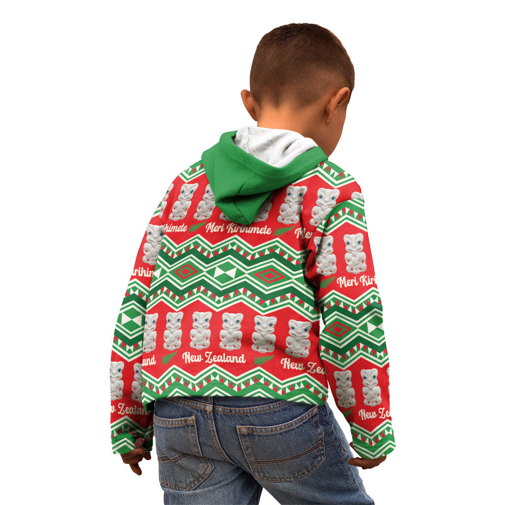 New Zealand Christmas In July Kid Hoodie Meri Kirihimete Hei Tiki Taniko Motifs Seamless LT14 - Polynesian Pride