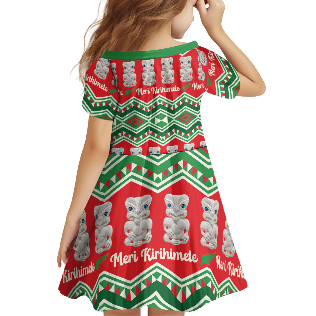New Zealand Christmas In July Kid Short Sleeve Dress Meri Kirihimete Hei Tiki Taniko Motifs Seamless LT14 - Polynesian Pride