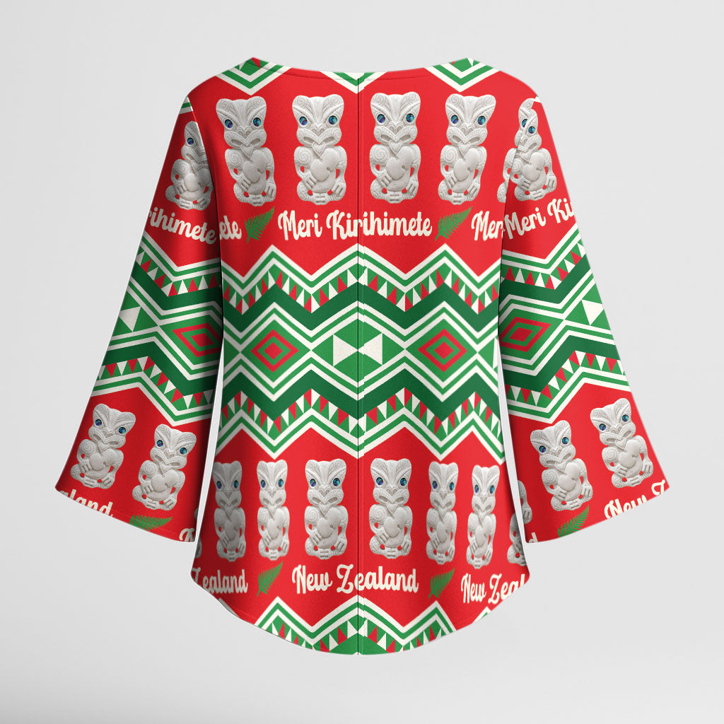 New Zealand Christmas In July Kimono Sleeve Blouse Meri Kirihimete Hei Tiki Taniko Motifs Seamless LT14 - Polynesian Pride