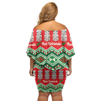 New Zealand Christmas In July Off Shoulder Short Dress Meri Kirihimete Hei Tiki Taniko Motifs Seamless LT14 - Polynesian Pride