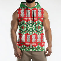 New Zealand Christmas In July Sleeveless Hoodie Meri Kirihimete Hei Tiki Taniko Motifs Seamless LT14 - Polynesian Pride