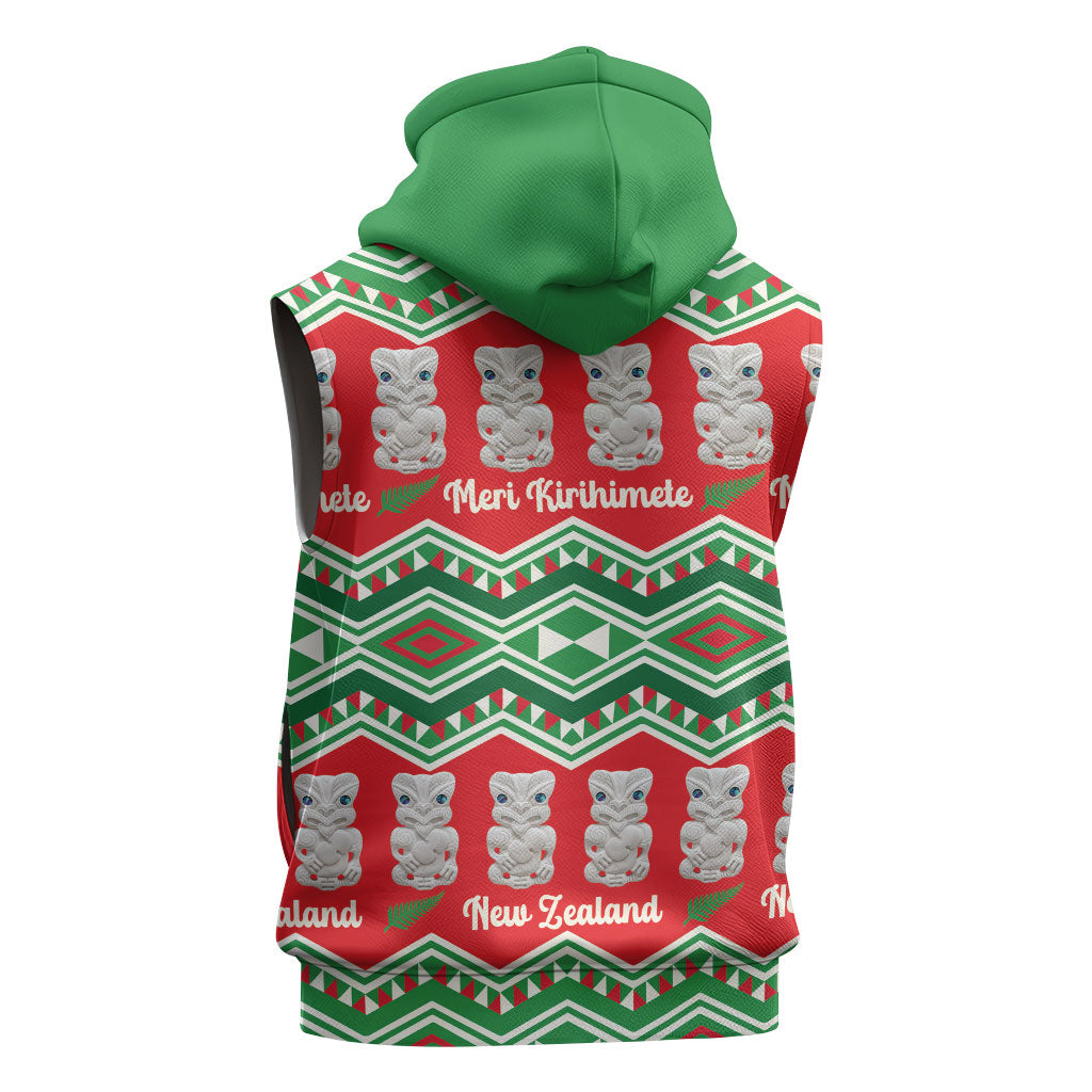 New Zealand Christmas In July Sleeveless Zip Hoodie Meri Kirihimete Hei Tiki Taniko Motifs Seamless LT14 - Polynesian Pride