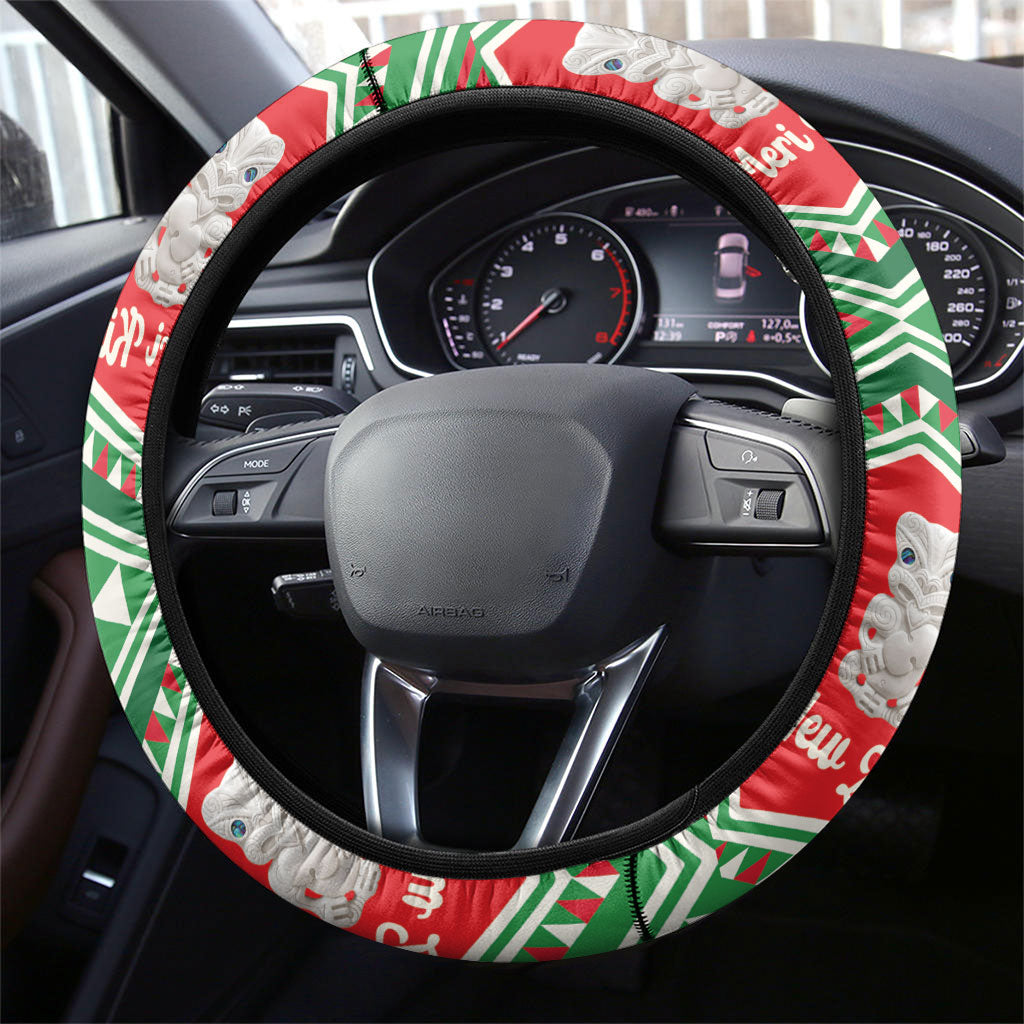 New Zealand Christmas In July Steering Wheel Cover Meri Kirihimete Hei Tiki Taniko Motifs Seamless LT14 - Polynesian Pride