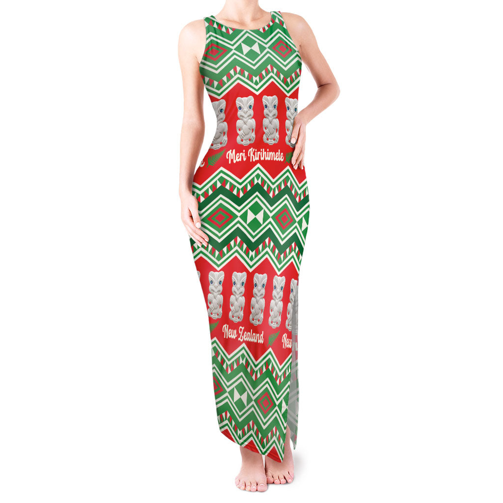 New Zealand Christmas In July Tank Maxi Dress Meri Kirihimete Hei Tiki Taniko Motifs Seamless LT14 Women Red - Polynesian Pride