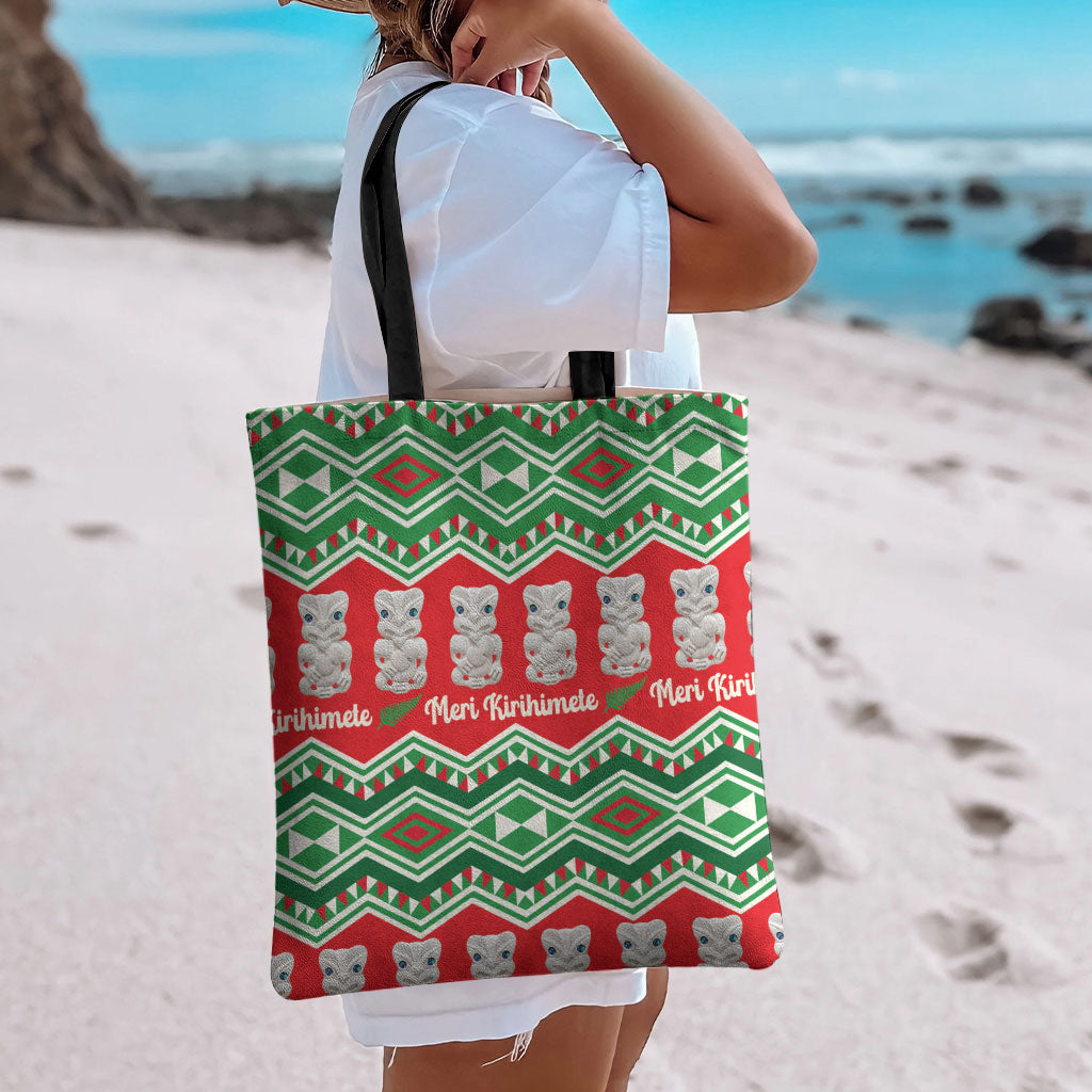 New Zealand Christmas In July Tote Bag Meri Kirihimete Hei Tiki Taniko Motifs Seamless LT14 - Polynesian Pride