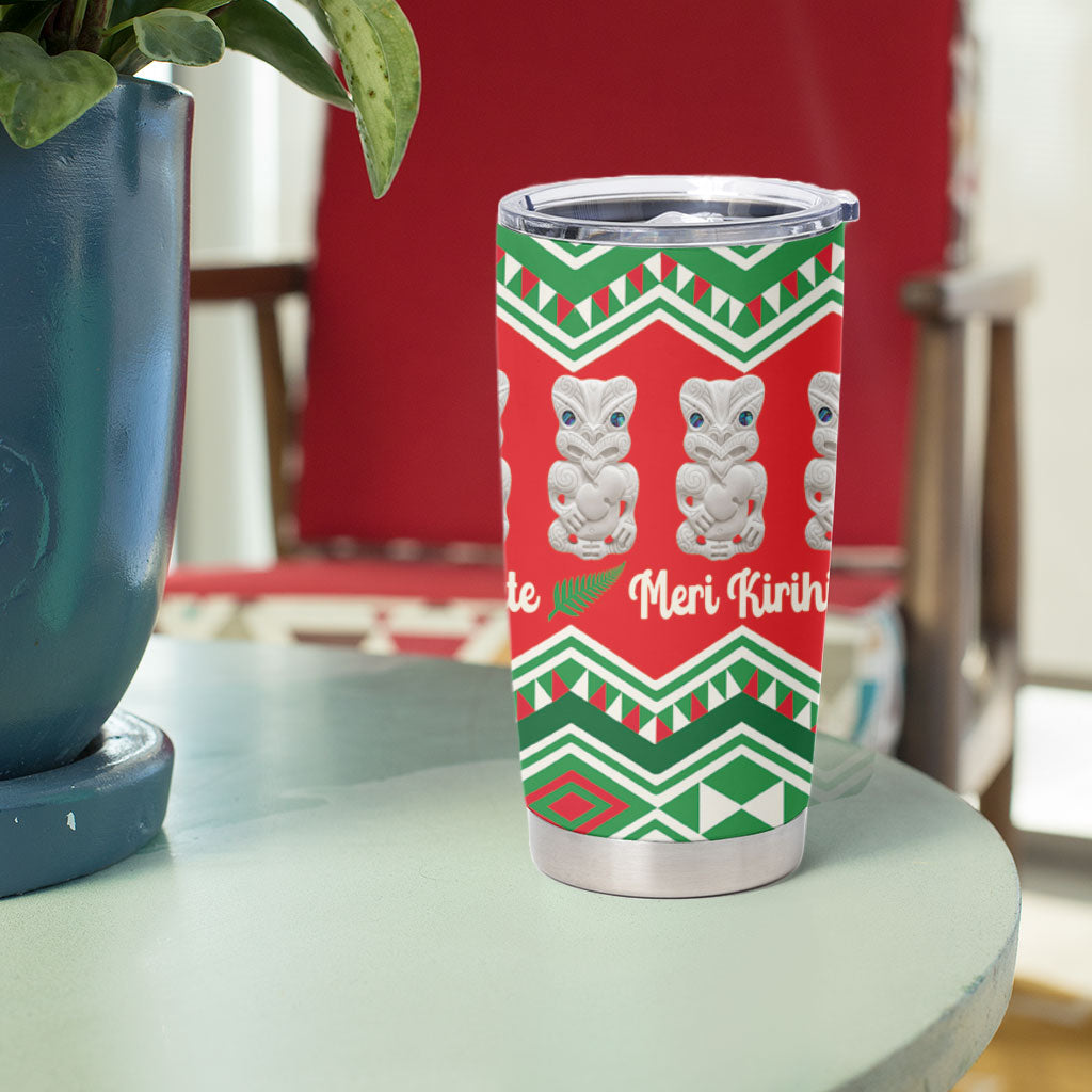 New Zealand Christmas In July Tumbler Cup Meri Kirihimete Hei Tiki Taniko Motifs Seamless LT14 - Polynesian Pride
