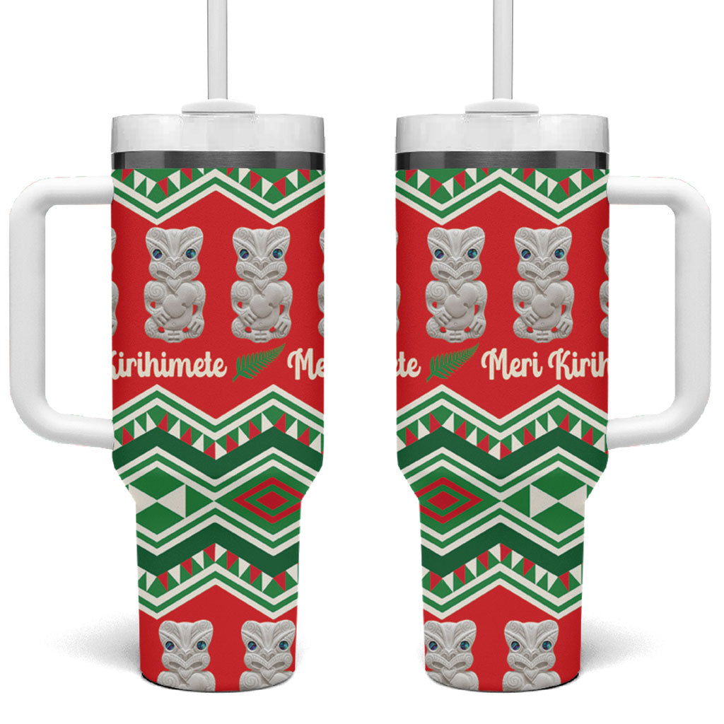 New Zealand Christmas In July Tumbler With Handle Meri Kirihimete Hei Tiki Taniko Motifs Seamless LT14 One Size: 40 oz Red - Polynesian Pride