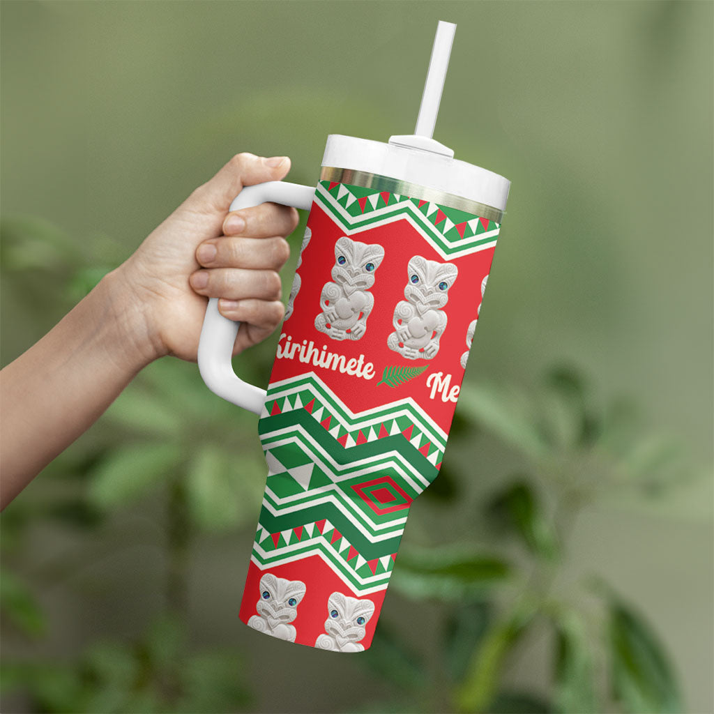 New Zealand Christmas In July Tumbler With Handle Meri Kirihimete Hei Tiki Taniko Motifs Seamless LT14 - Polynesian Pride