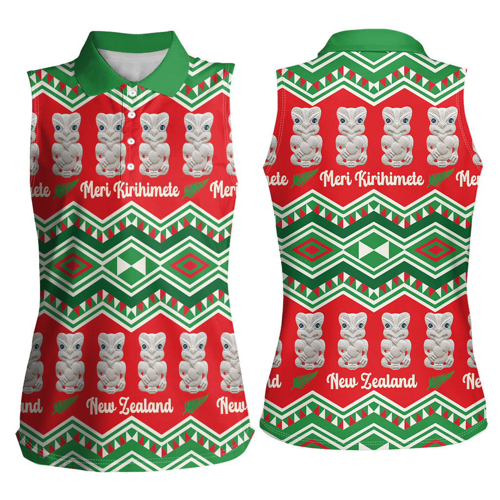 New Zealand Christmas In July Women Sleeveless Polo Shirt Meri Kirihimete Hei Tiki Taniko Motifs Seamless LT14 - Polynesian Pride