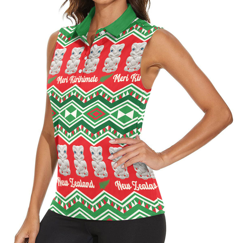New Zealand Christmas In July Women Sleeveless Polo Shirt Meri Kirihimete Hei Tiki Taniko Motifs Seamless LT14 - Polynesian Pride