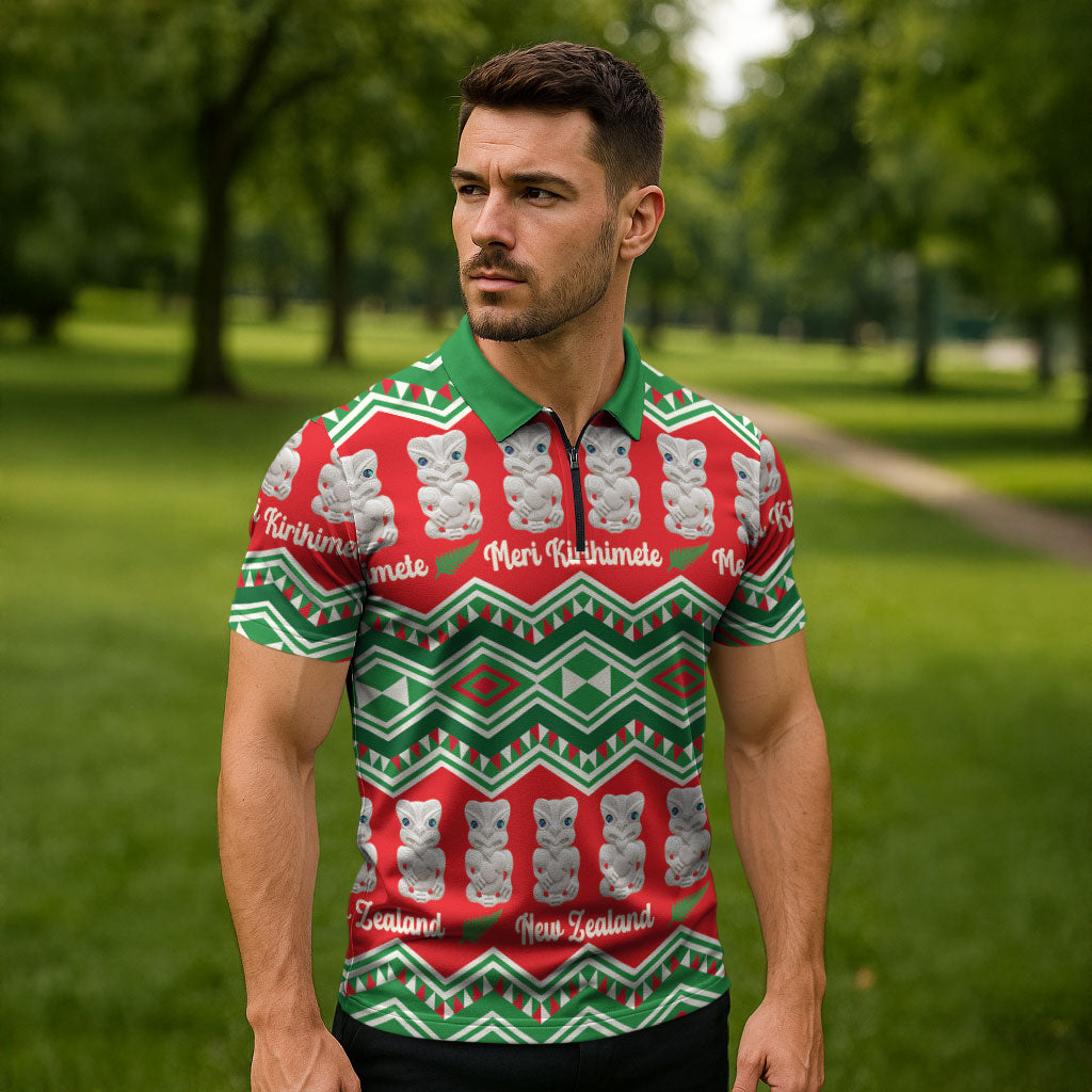 New Zealand Christmas In July Zipper Polo Shirt Meri Kirihimete Hei Tiki Taniko Motifs Seamless LT14 - Polynesian Pride