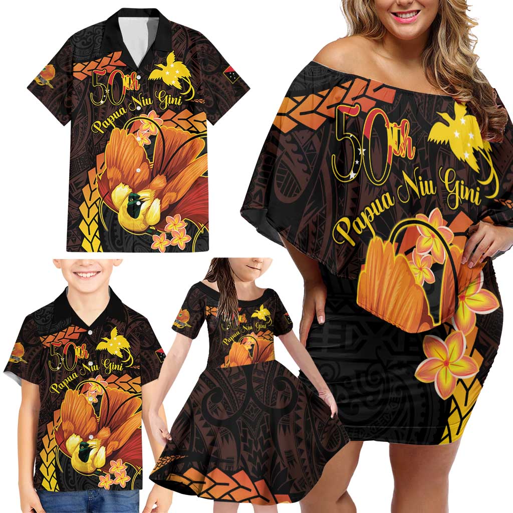 Papua New Guinea Independence Day Family Matching Off Shoulder Short Dress and Hawaiian Shirt 50th Anniversary Papua Niu Gini Bird Of Paradise LT14
