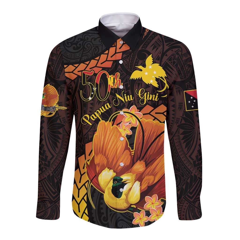Papua New Guinea Independence Day Long Sleeve Button Shirt 50th Anniversary Papua Niu Gini Bird Of Paradise LT14 Unisex Black - Polynesian Pride